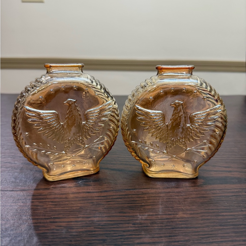 2 Vintage Glass Eagle Embossed Decorative Bottles